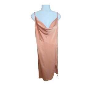 VTG Satin Cowl Neck Midi Dress Women Large Peach Excellent Y2K Chemise Slit